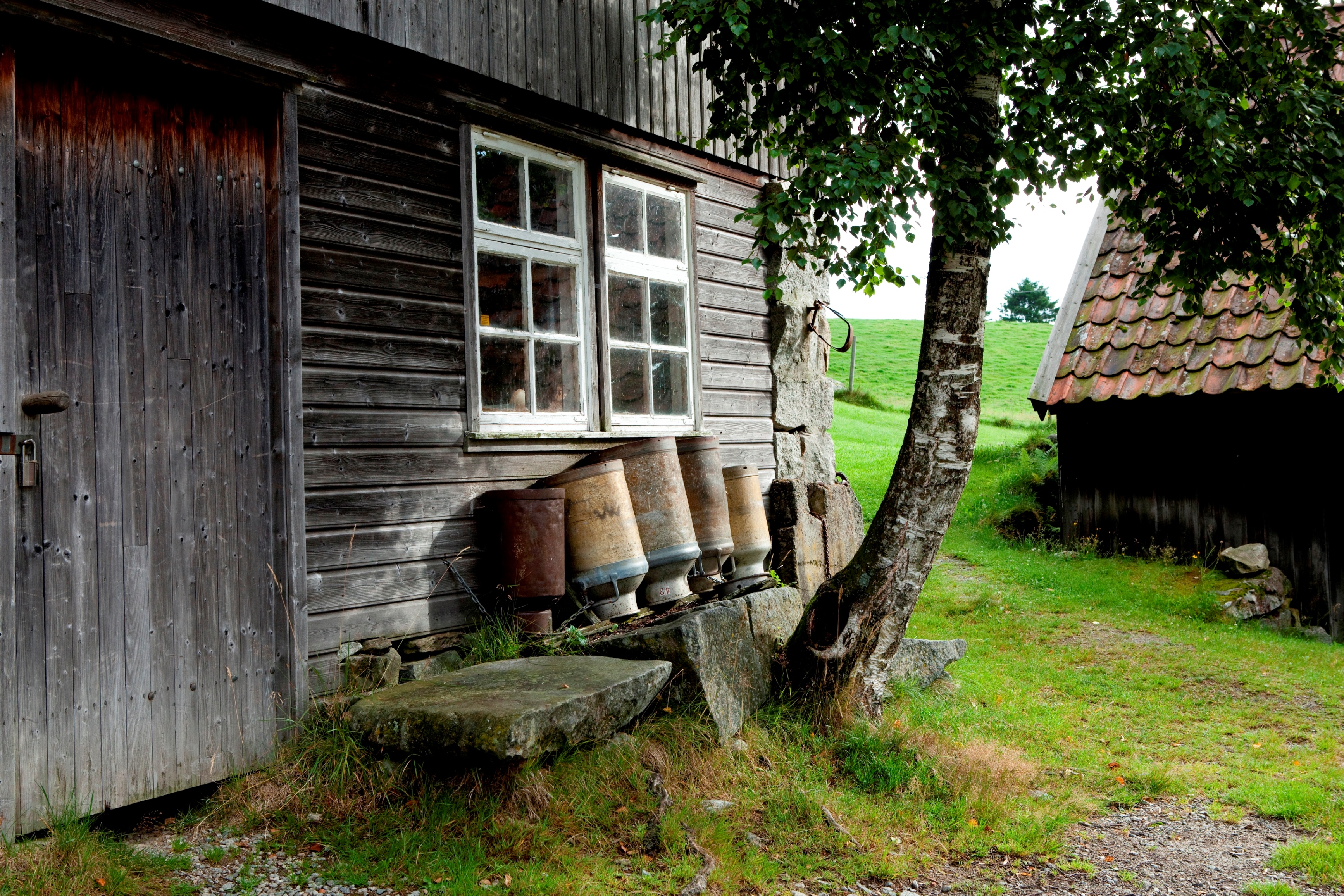 Gamle mjølkespann langs veggen på ein av bygningane på Limagarden